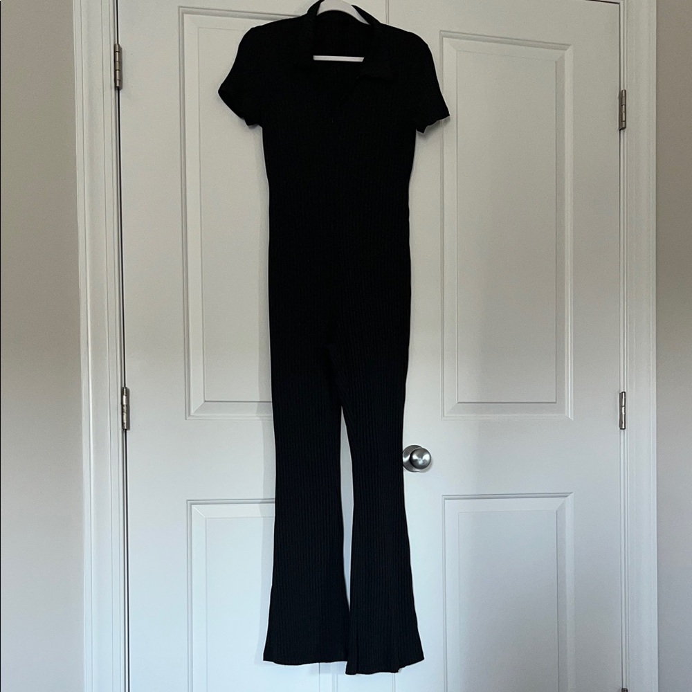 Black Ribbed Short-Sleeve Jumpsuit